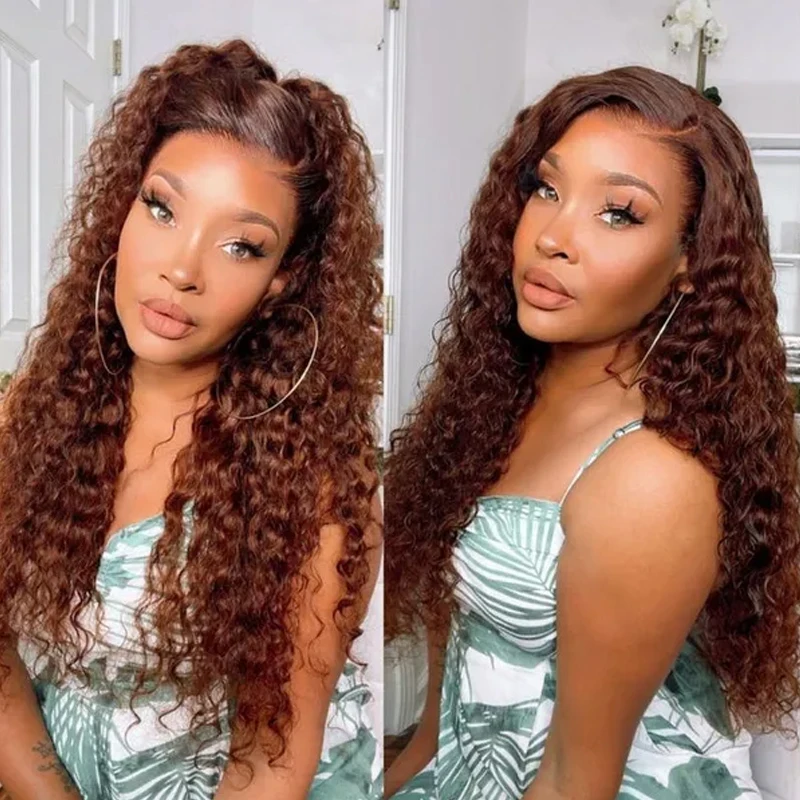 

Chocolate Brown Wet And Wavy Transparent Lace Front Wig Brazilian Water Wave Frontal Synthetic Hair Wigs for Women Pre Plucked