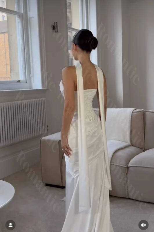 فستان زفاف رومانسي حورية البحر مخصص على شكل قلب من الساتان بدون أكتاف بدون ظهر 2025 فستان عروس بدون ظهر Vestido De Noiva