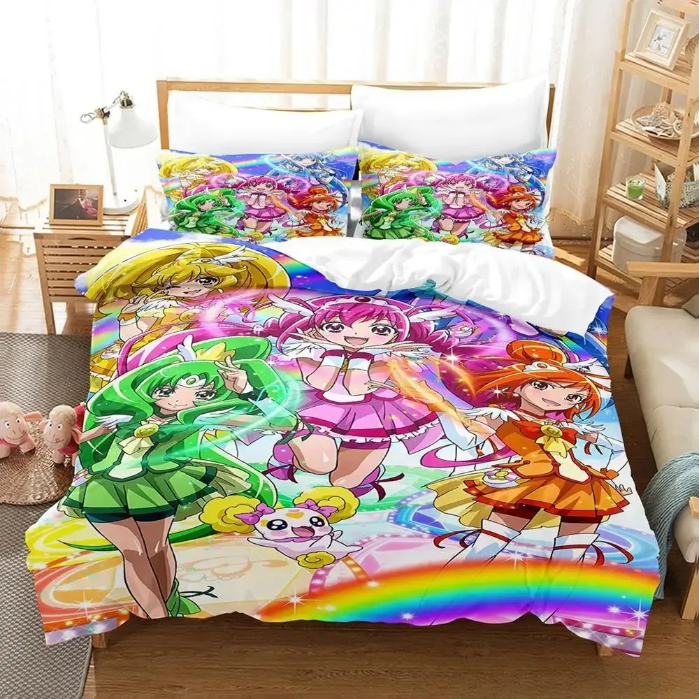 Conjunto de roupa de cama Anime Smile P-Precure, capa de edredom e fronhas king/queen, decoração para quarto de casa, presente para crianças e adolescentes