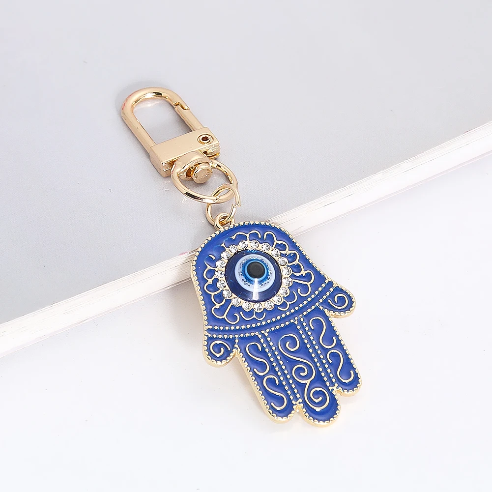 Fashion Lucky Turkish Blue Evil Eye Muslim Hamsa Fatima Hand Pendant Keychain Inlay Zircon Dangle Key Ring Amulet Jewelry Gifts