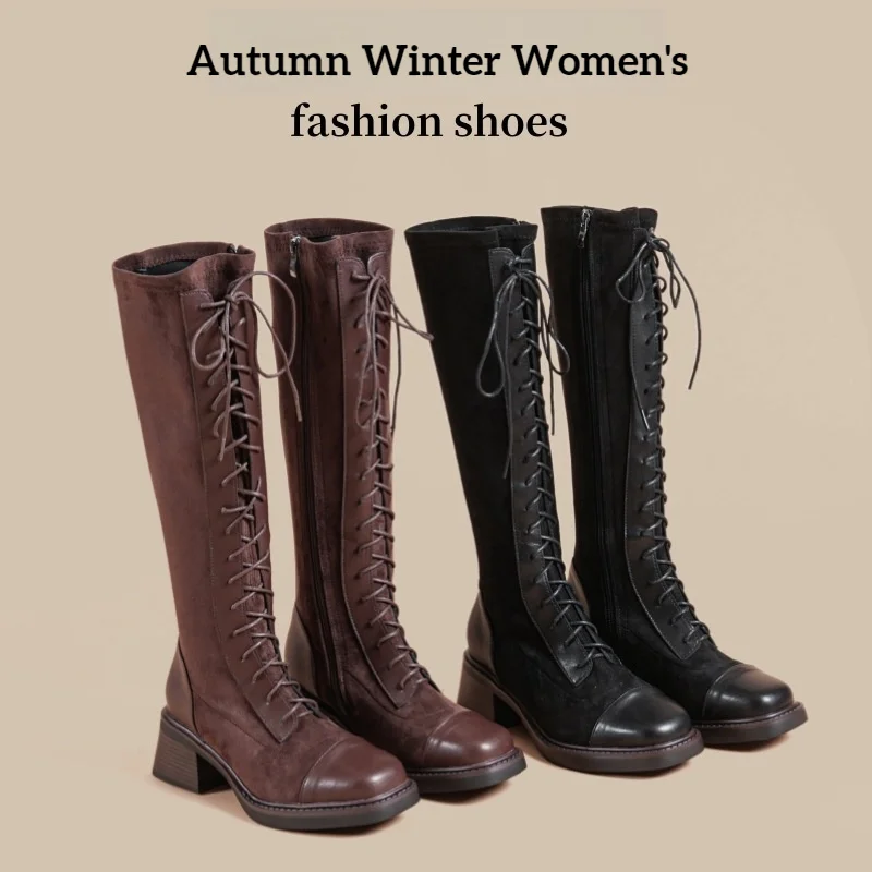 Designer Brand Women's Cross Lace Up Knee High Boots Winter 2026 New Woman Goth Motorcycle Boots Trend Chelsea Mujer Botas