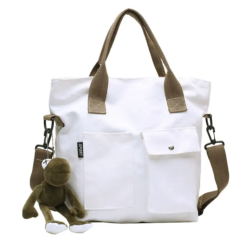 Canvas Women Handbag Shoulder Bag Solid Color Shopping Bags Female Eco Handbag Reusable Grocery Totes Shopper Bags with Pendant