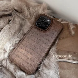 Stylish Vintage Brown Alligator Texture Cover Case for iphone 12 13 14 15 16 17 Pro Max Plus Earth Tone Faux Leather Phone Case