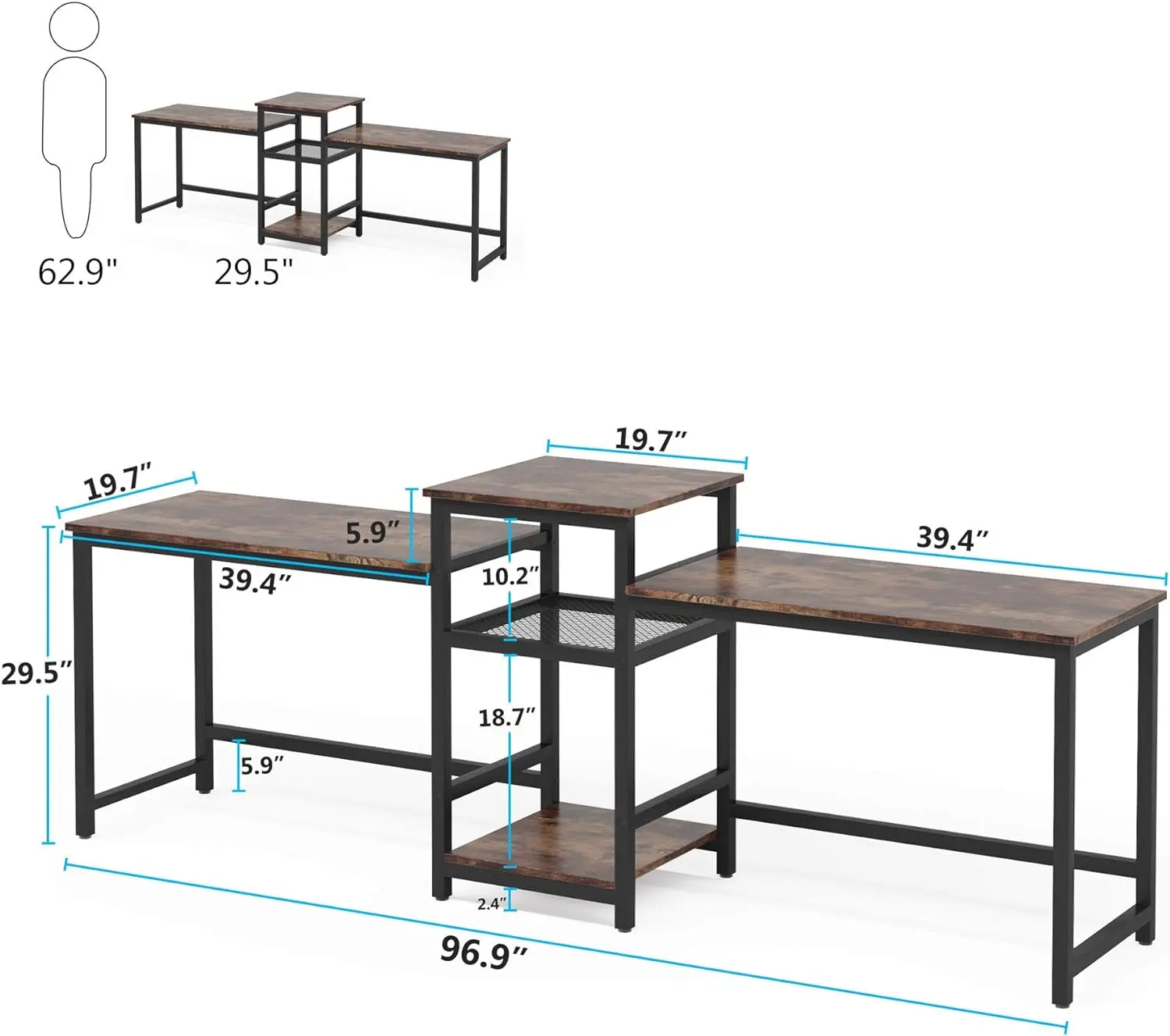 96.9" Double Computer Desk with Printer Shelf, Extra Long Two Person Desk Workstation with Storage Shelves，Home Office