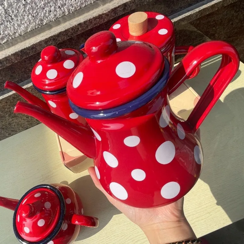 0.7-1.5 L Kitchen Accessories Thickened Classic Red Polka Dot Enamel Kettle Teapot Coffee Pot Oil Jug
