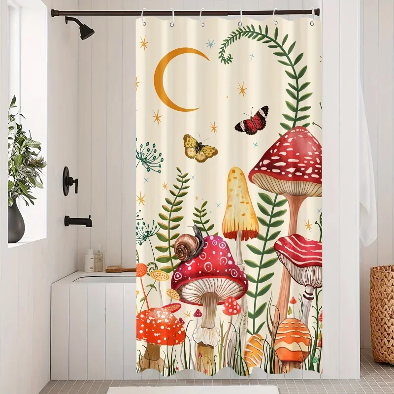 1pc Extra Long Mushroom Curtain, Floral Butterfly Waterproof Fabric Bathroom Shower Curtains, Aesthetic Moon Flower Plant