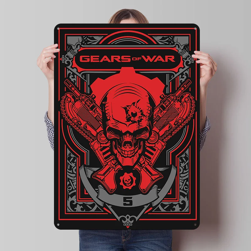 

Gears of War 5 Skull and Guns Printing Poster Customized Retro Wall Art Vintage Metal Signs for Mancave Office Decor House Home