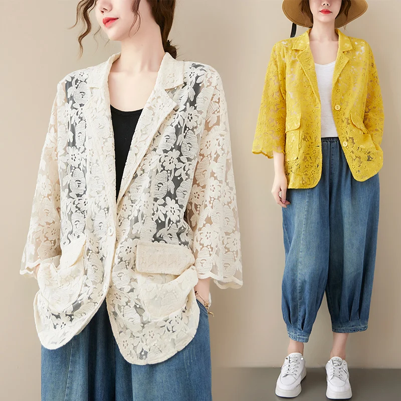 

Plus Size plus Size Lace Open Cardigan Summer Color Embroidery Hollow out Suit Sle Slimming Trendy Small Western Sle Jaet