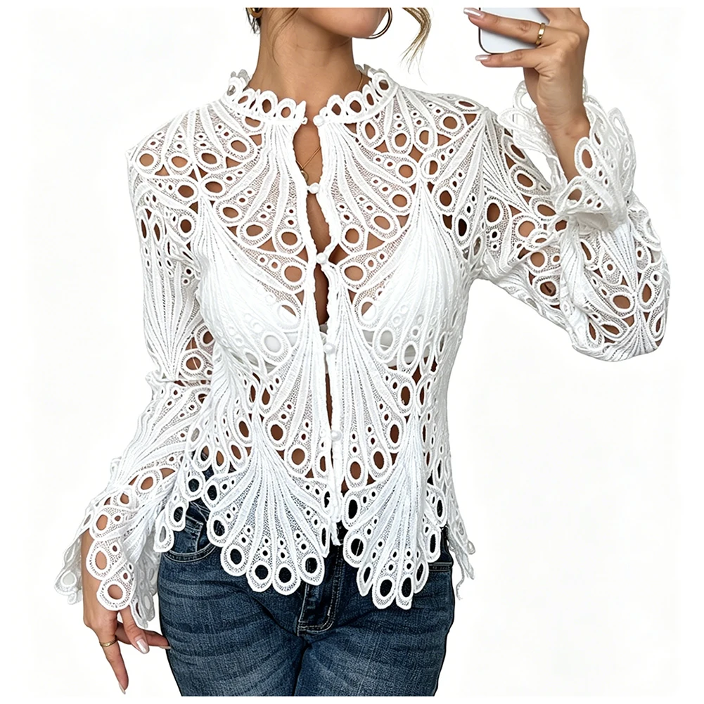 Women Fashion Hollow Lace Stand Collar Bell Sleeve Breathable Knit Blouse Breathable Knitted Lace Shirt With Flared Sleeves
