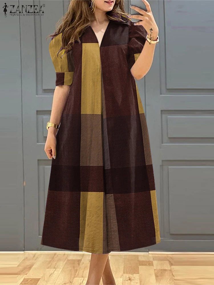 

Women Summer Dress ZANZEA Fashion Plaid Printed Retro Vestidos Casual Loose V-neck Short Sleeve Robe Holiday Pocket Midi Dresses