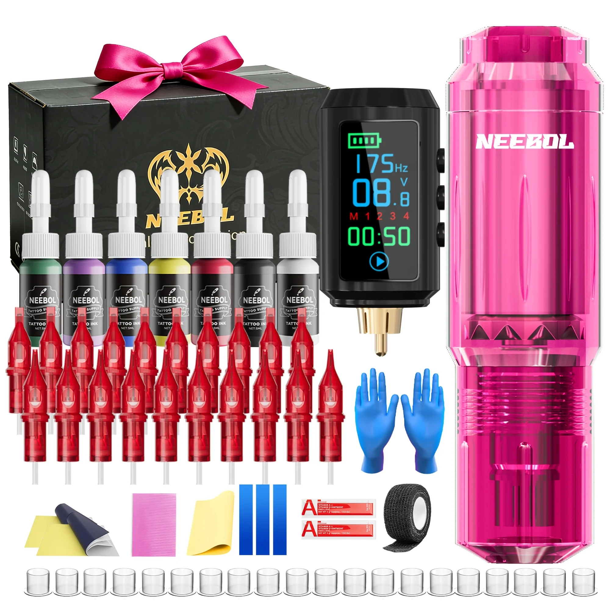 

Neebol Tattoo Gun Kit Complete Gift Set, Portable Design, Cordless Tattoo Pen, 1600mAH Battery, 4 Memory Modes, Wireless Machine, 20/10 Red Cartridge Needles, Inks, Tattoo Supplies For Beginners & Artists, Body Art Makeup