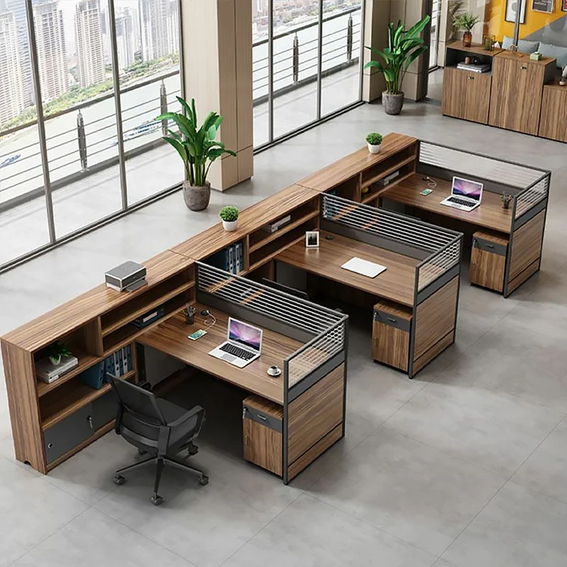 

Modular Brown Walnut Wood Staff Table with Shelf Office Desk Furniture Wooden Cubicle Workstation for Office