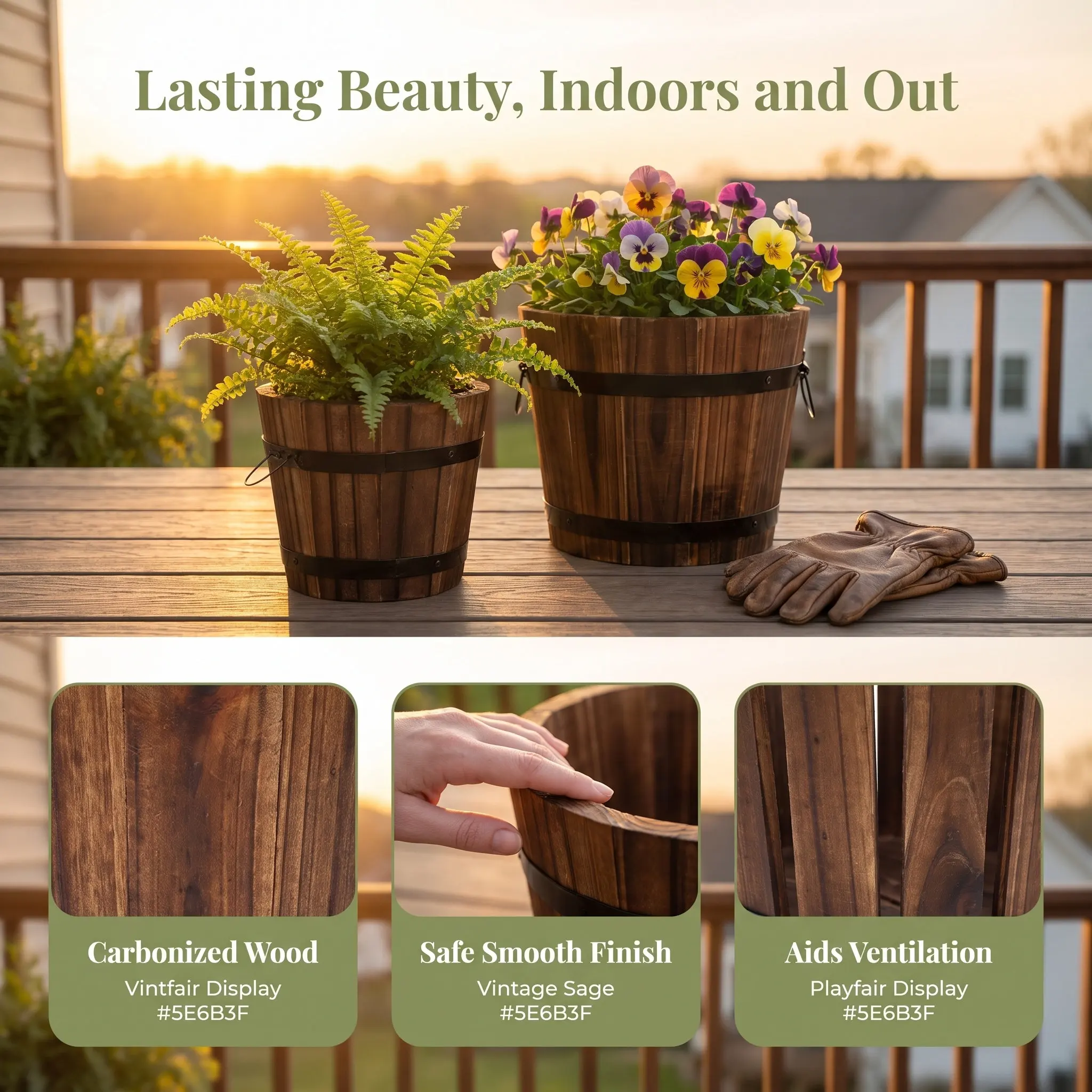 2Pcs Carbonized Wood Garden Planters Rustic Whiskey Barrel Brown Small Medium Flower Pots Indoor Outdoor Plant Holders