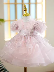 Vestido luxuoso de penas brilhantes para crianças, florista, vestidos macios para casamentos, adolescentes, festa de aniversário, vestidos de baile