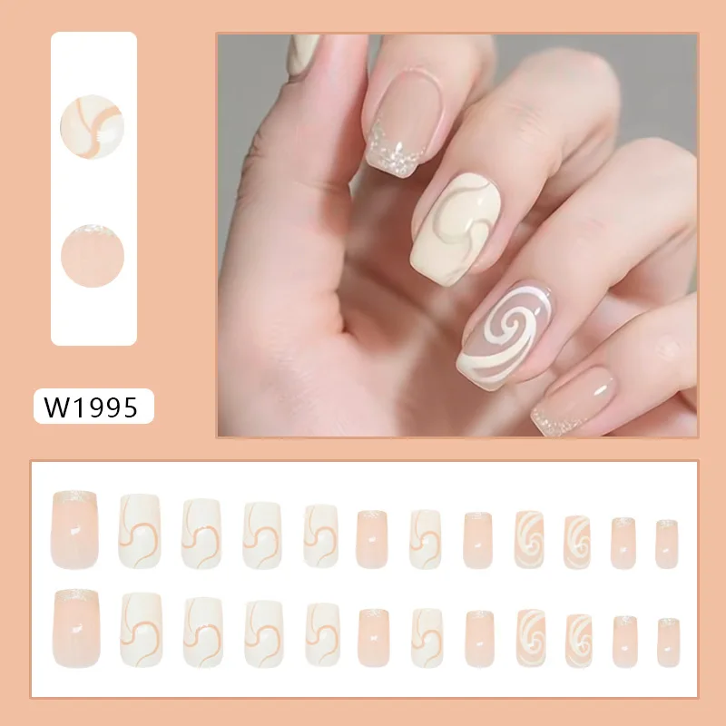 24 stuks lange vierkante pers op nagels - champagne en crème witte glitter met onregelmatige strepen en aderen ontwerp