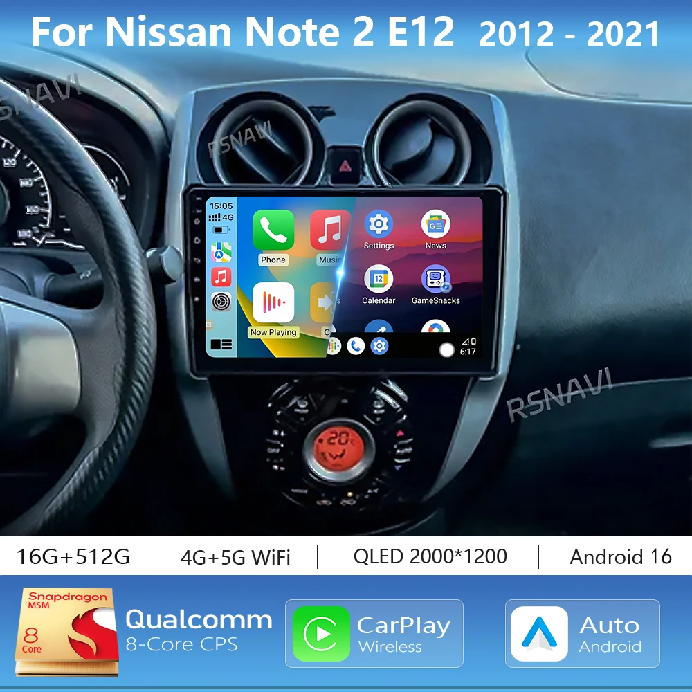 Sistema Inteligente para Auto con Pantalla 2K Android 16 Carplay, Reproductor 2Din para Nissan Note 2 E12 2012-2021, Autoradio Estéreo