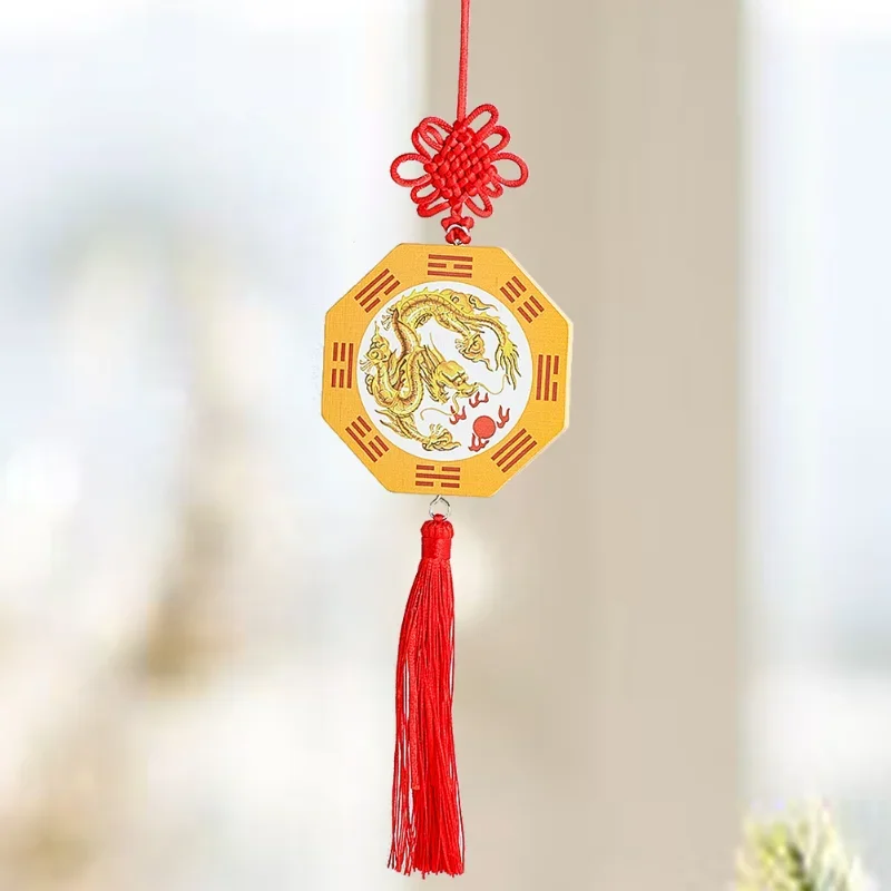 Taoism Tai Chi Eight Trigrams Fire Dragon Wooden Octagon Pendant Feng Shui Amulet Chinese Knot Tassel Charm Hanging Decor Mascot