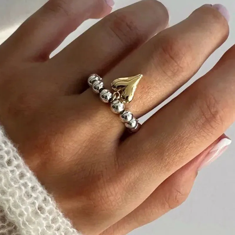 

Creative Metal Heart Elastic Rope String Ccb Round Bead Ring Gold Color Vintage Heart Pendant Adjustable Ring Party Jewelry Gift