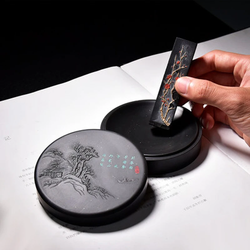 She Yan Ink Stone Chinese Calligraphy Round Inkstone  Natural Stone with Cover