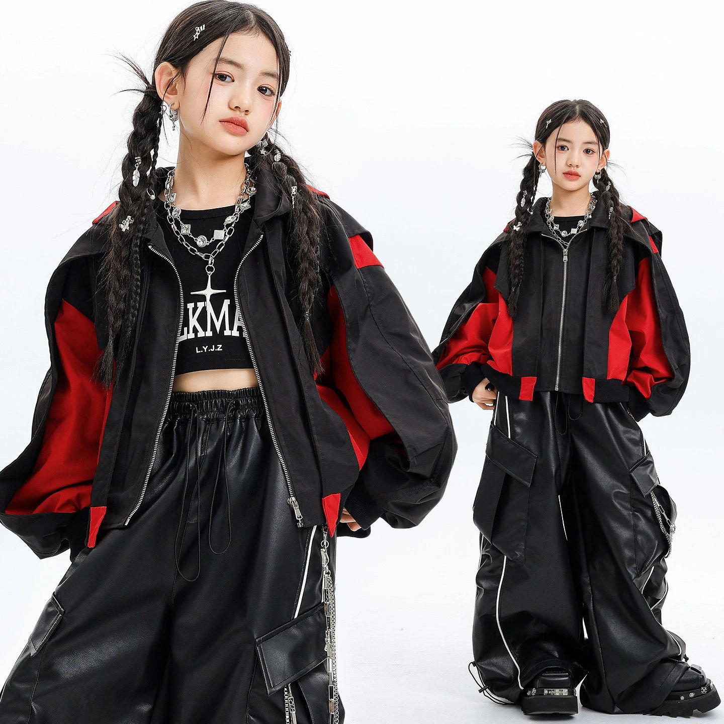 

Детская одежда в стиле K-pop и хип-хоп: черная и красная короткая толстовка с капюшоном, топ, брюки-карго из искусственной кожи с полосками для девочек, костюм для уличных танцев.