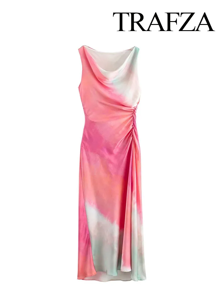 TRAFZA Women Fashion Satin Tie Dye Sleeveless Slim Midi Dress Woman Summer Folds Side Zipper Design Party Evening Dresses Mujer