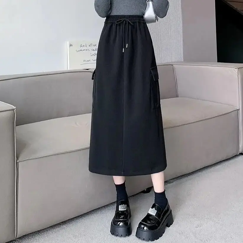 Grote Maat Halfbody Rok Lente Herfst Winter Model Hoge Taille Gedrapeerd Casual Mid-Length Tweed Split One-Step Rok Student