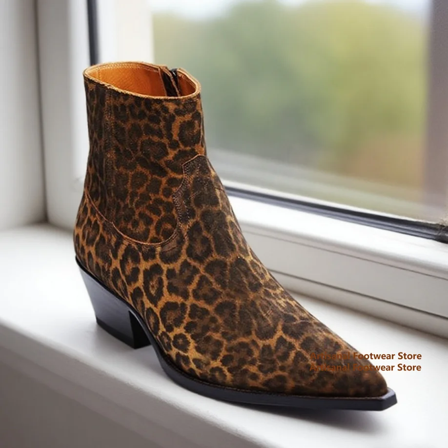 ليوبارد طباعة تشيلسي الأحذية وأشار الجلد المدبوغ الرجال الجوارب الكلاسيكية أنيق الرجال الأحذية اليدوية حذاء رجالي جديد في المدرج بوتاس