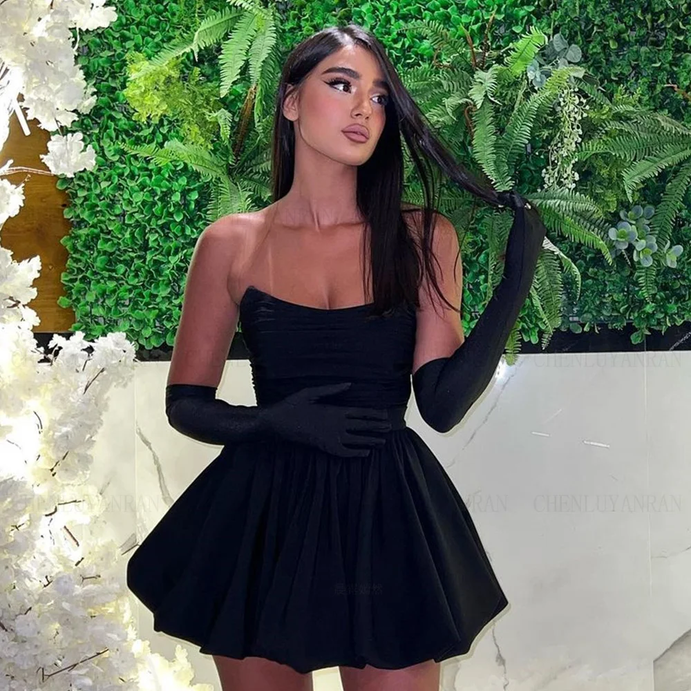 Satin Sexy Formal Occasion Dresses 2024 With Gloves Black Mini Party Dress Strapless A-line Cocktail Gowns فساتين مناسبة رسمية