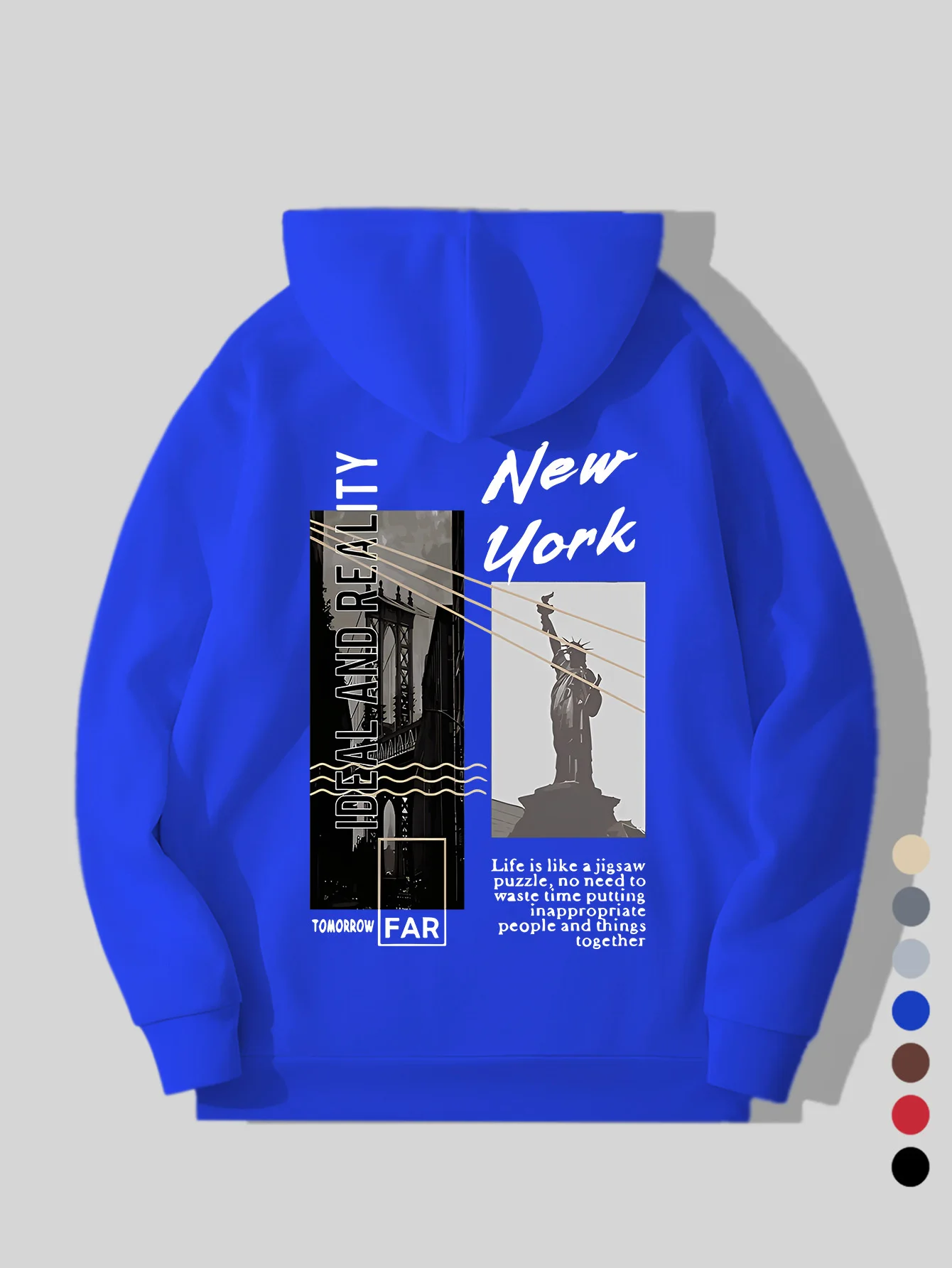 New men's New York City-style printed hooded sweatshirt with Statue of Liberty and Brooklyn Bridge patterns on the collar.