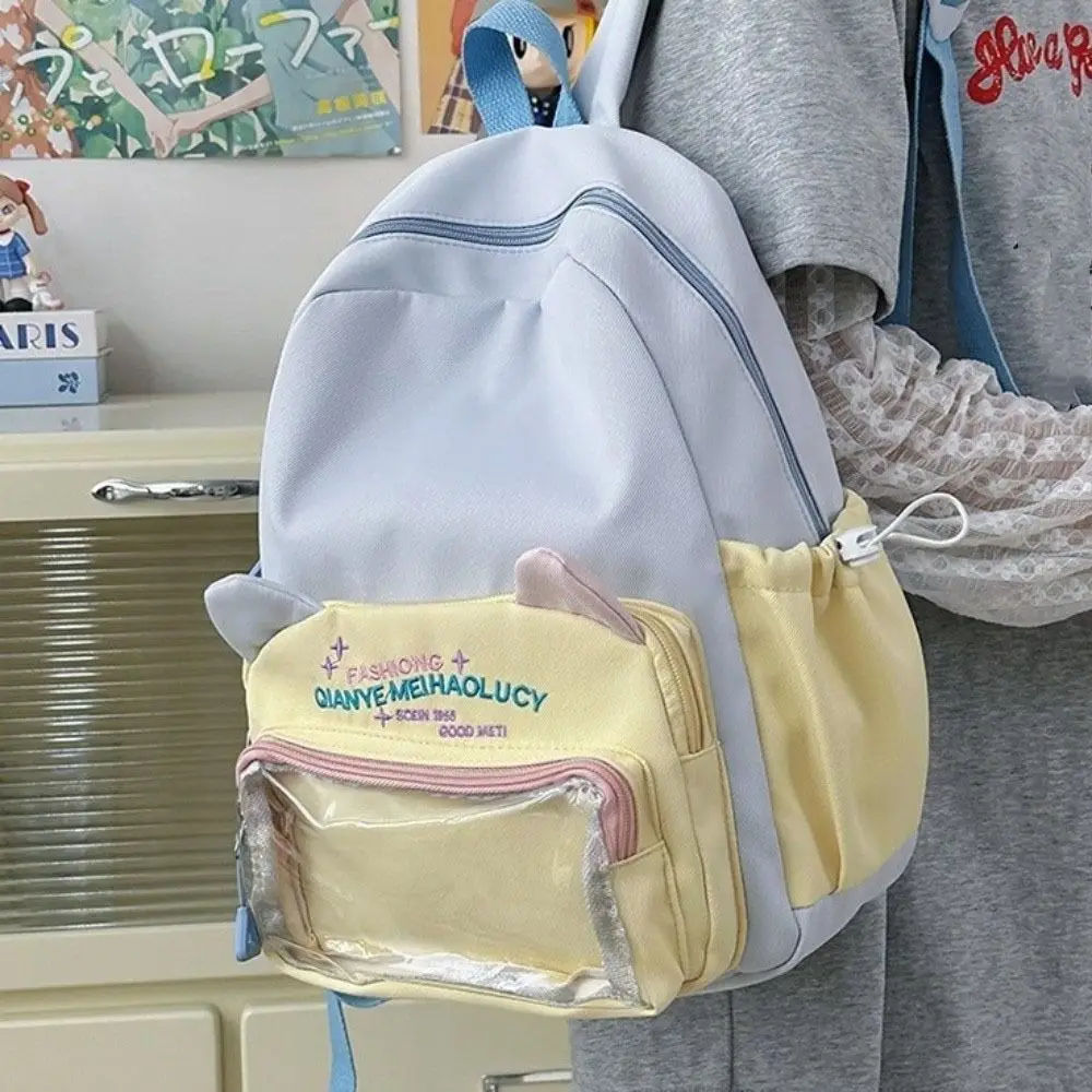 กระเป๋าเป้สะพายหลังใสหลายช่อง  ผ้าไนลอน  สีเข้ากัน  กระเป๋านักเรียน  สายปรับได้  วัสดุ PVC