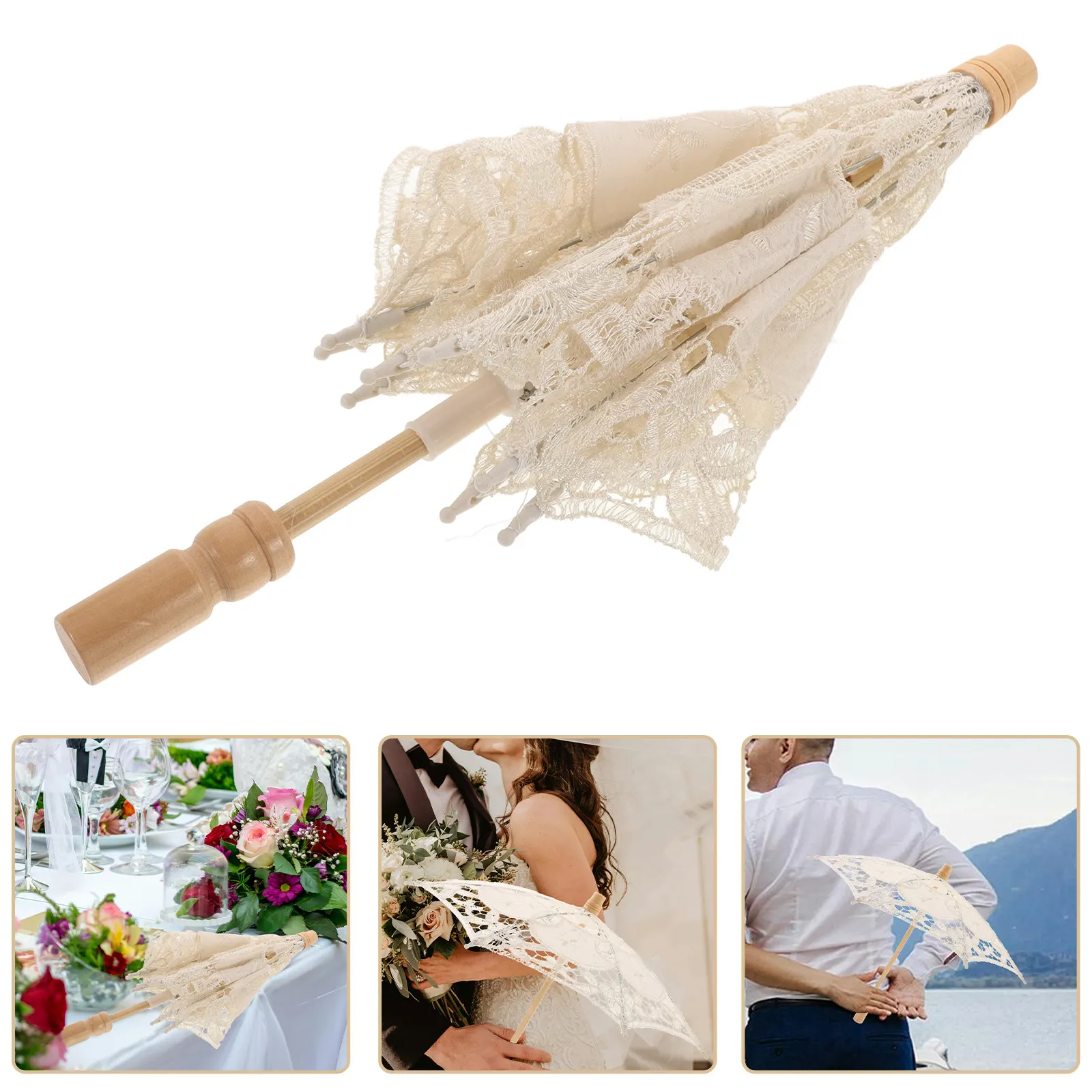 Lace Embroidered Bridal Umbrella for Wedding Photography, Cotton Decorative Parasol for Ceremony Tea Party