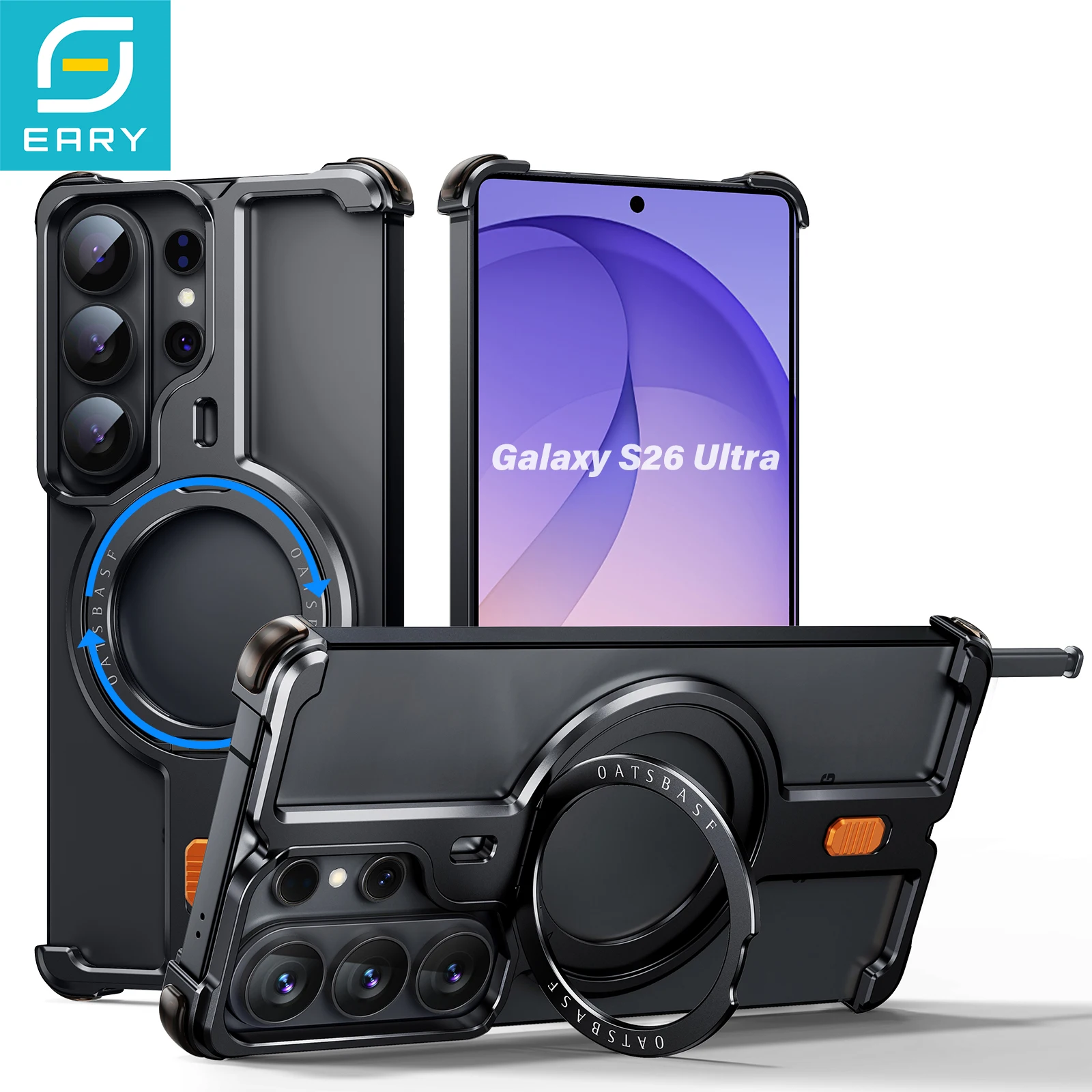 

Eary for Samsung Galaxy S26 Ultra Case 360°Rotation Magnetic Stand Minimalist Metal Frameless Shockproof Protective Bumper Cover