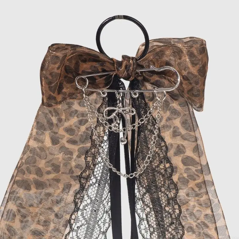Removable Shoe Decorations Pair with Leopard Bows, Lace Streamers and Silver-Tone Chain Detail, Clip On Western Cowgirl 6XDA