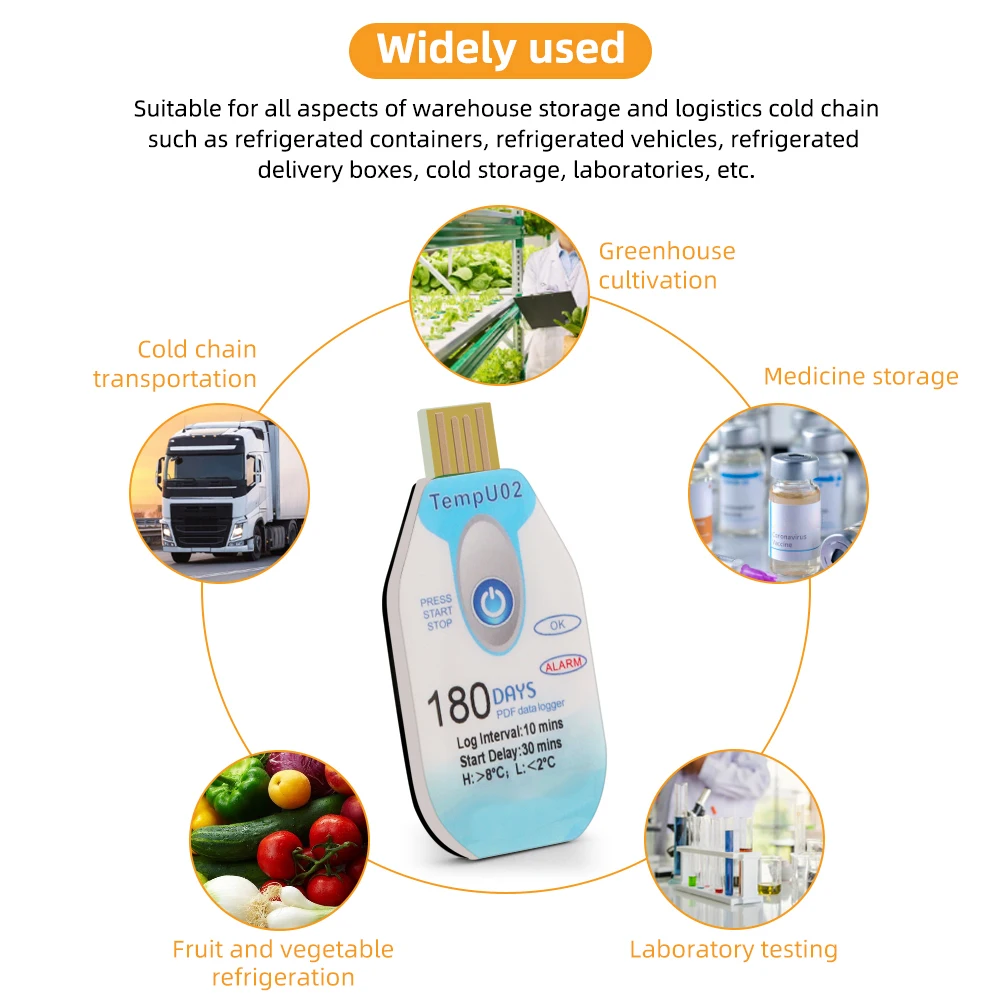 مسجل بيانات درجة الحرارة USB مسجل بيانات درجة الحرارة والرطوبة استخدام واحد منفذ USB 10000 نقطة تقرير ملف PDF 120/180 أيام