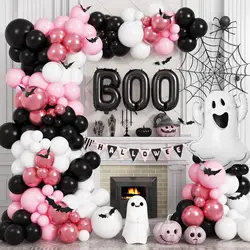 Pink Halloween Balloon Arch Kit Black White Red Ghost Boo Foil Balloons 3D Bat Sticker for Halloween Theme Party Decoration