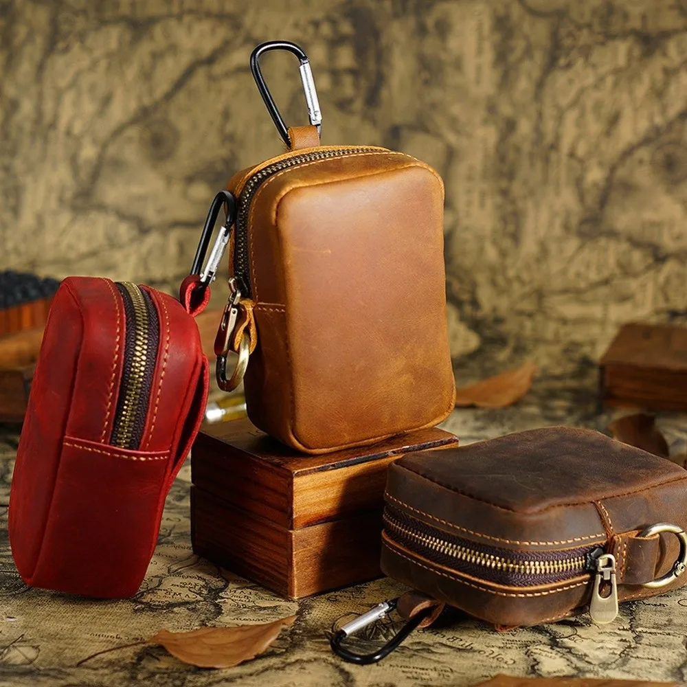 Mini Leather Waist Pack Zipper Key Holder Waterproof Keychain Pouch Hook Design Solid Color Small Coin Purse Men's Accessories