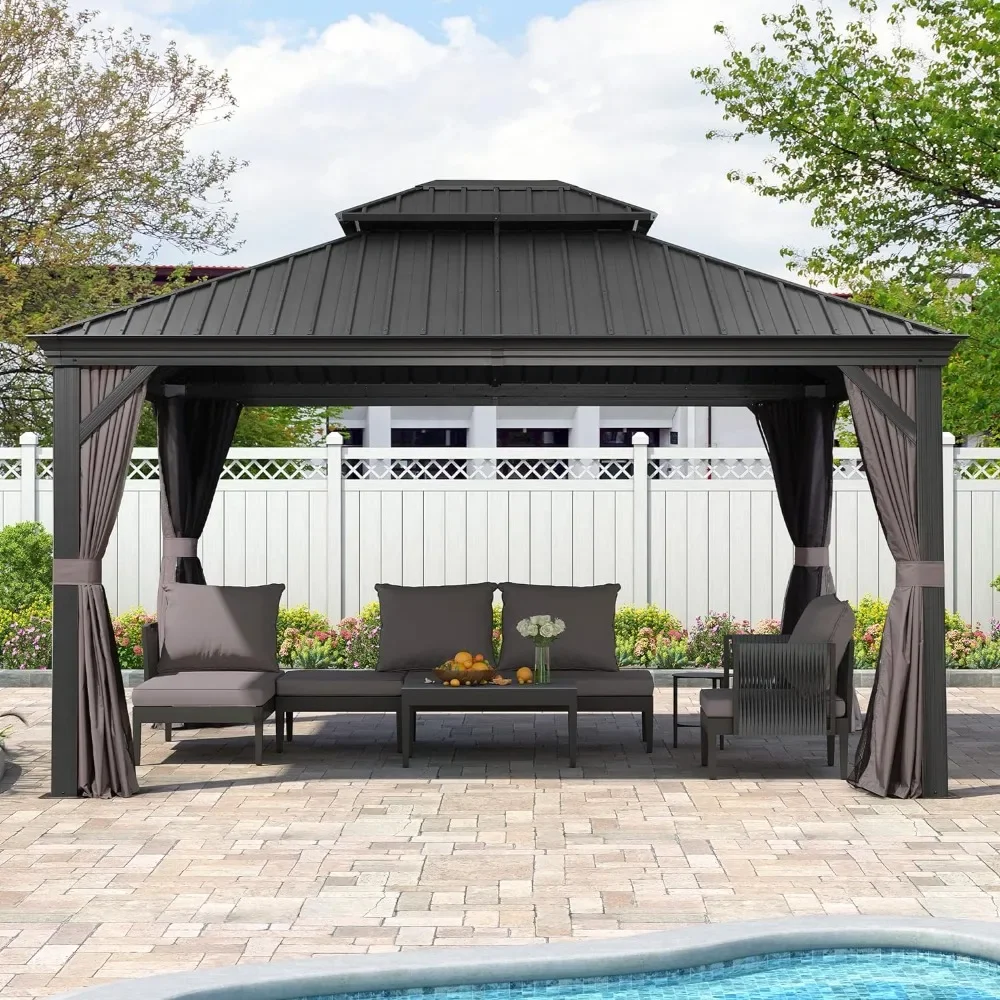 

12' X 14' Hardtop Gazebo Aluminum Gazebo with Galvanized Steel Double Roof for Patio Backyard Curtains and Netting Included