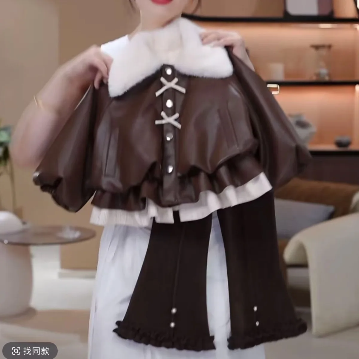 

Girls Casual Leather Jacket And Flared Pants Two-Piece Set for Autumn Winter Fashion Big Children's Outfit