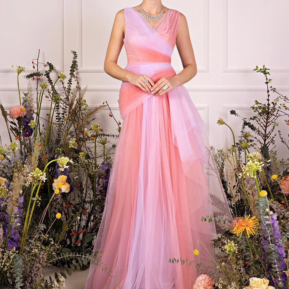 

Customized Fashion Tulle A-Line Cap Sleeve Evening Dress V-Neck Floor Length Sleeveless Panel Train Bespoke Occasion Gowns