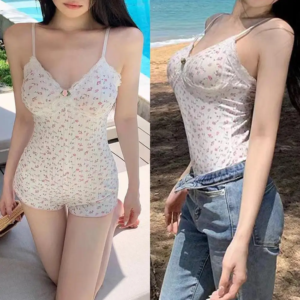 Fashion Sexy Spice Floral Lace Halter Jumpsuit Ladies Early Spring Design Sense Slim-fit Base Beach Home Casual Top Shorts