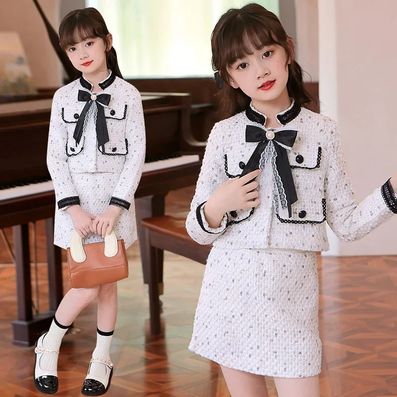 2pcs Elegant Girl Clothes Sets New Spring Autumn Children\'s Bow Tie Coat Skirt Set Boutique Kids Teenager Girls Clothing Outfit