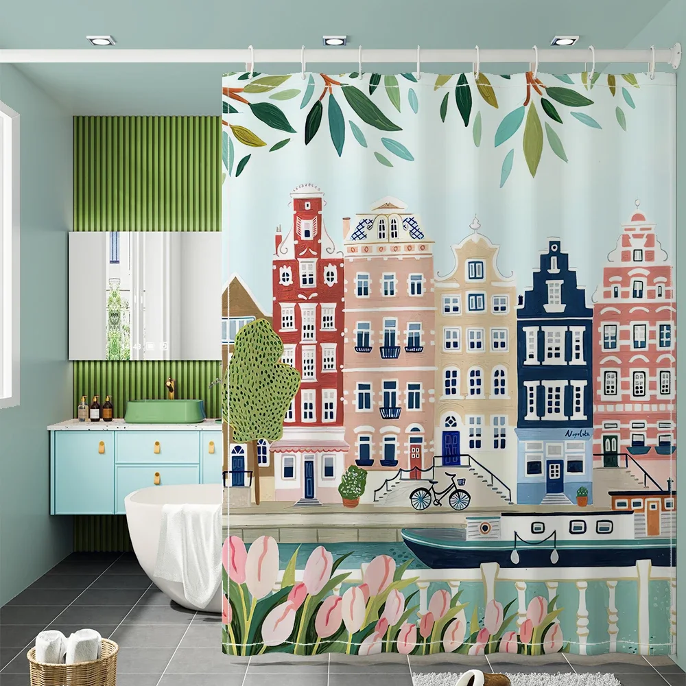 Shower Curtain Waterproof Shower Curtain Funny Morandi Town Shower Curtain Nordic Style Mildew Proof Bathroom Curtain Polyester