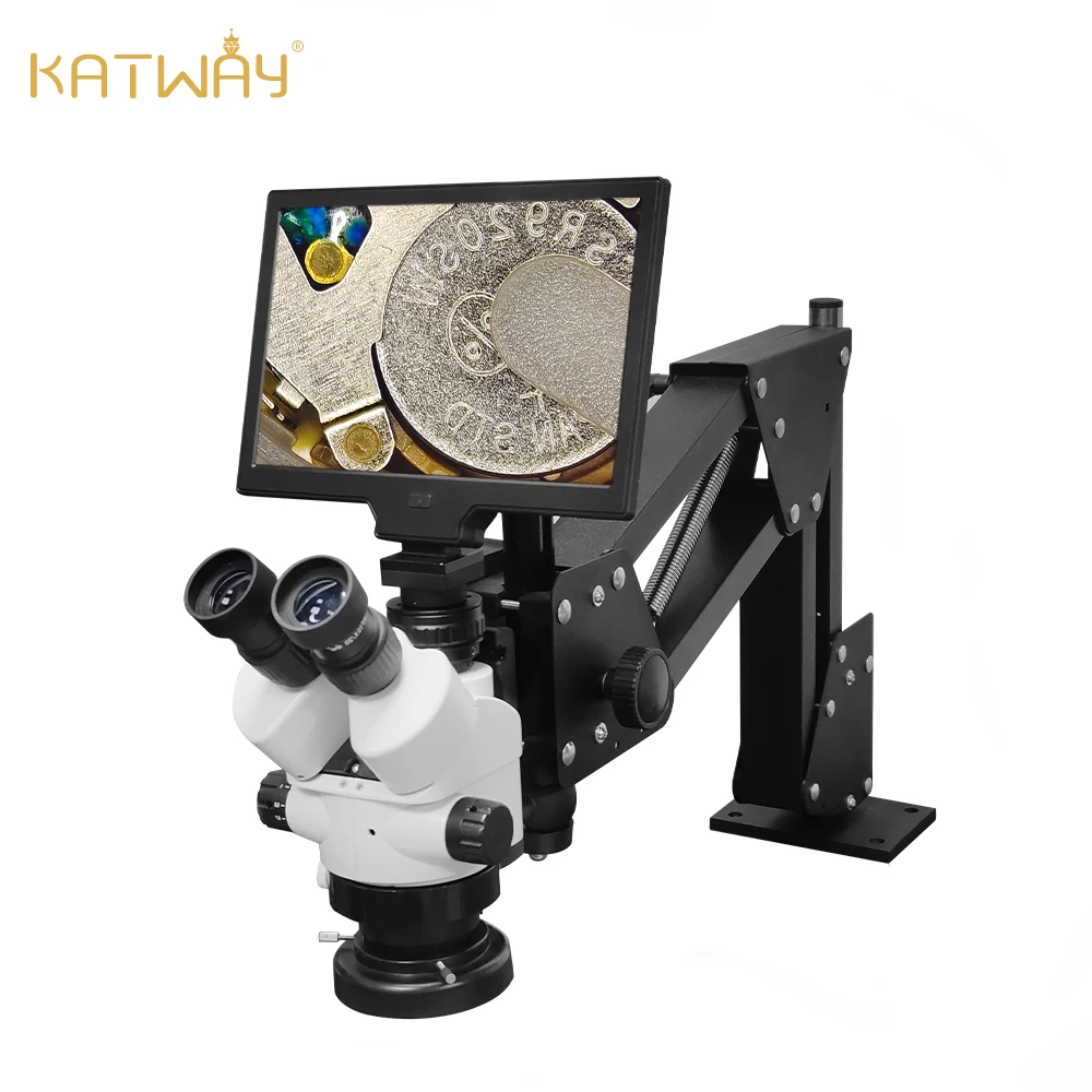 Microscopio Stereo trinoculare digitale LCD Katway HH-MS01B, oculare 10X/20X, ingrandimento 7X-45X, luce LED a 56 lampadine, staffa a molla