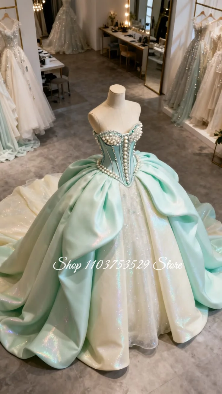 

Customized Strapless Pearl Appliqué Teal Prom Dress Strapless Corset Evening Gown Graduation Ball Gown Birthday Party Dress