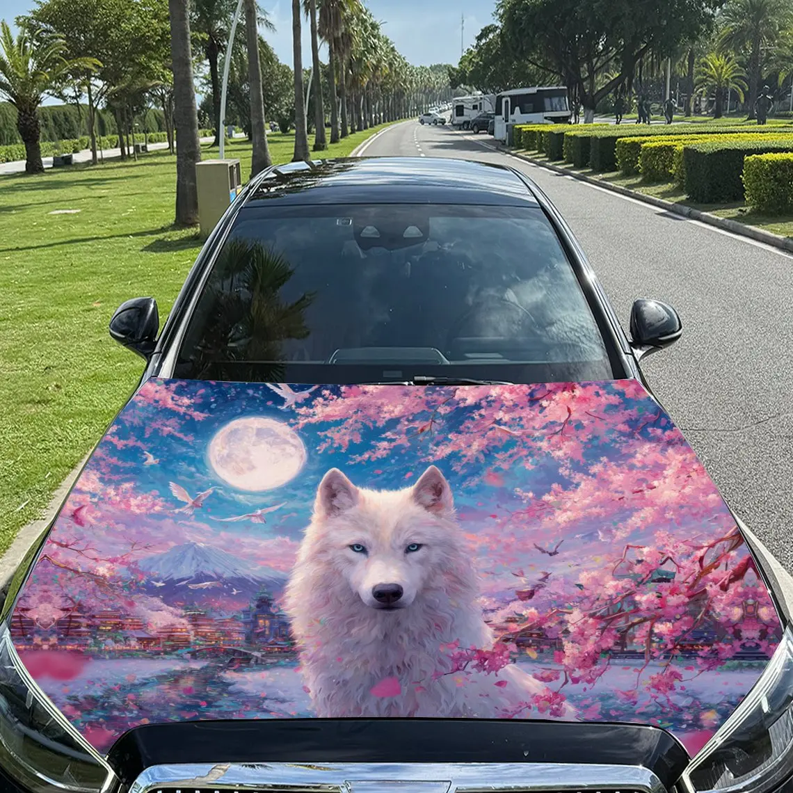 

Виниловая пленка для автомобиля Enchanted White Wolf Amid Cherry Blossoms, водонепроницаемая наклейка на капот автомобиля из ПВХ, самоклеящаяся устойчивая к царапинам