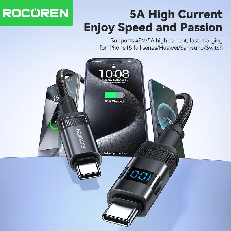 Rocoren 100W USB Type C Cable With Digital Display 5A PD3.1 Fast Charge Type-C Cable For MacBook iPhone 16 15 Pro Samsung Xiaomi