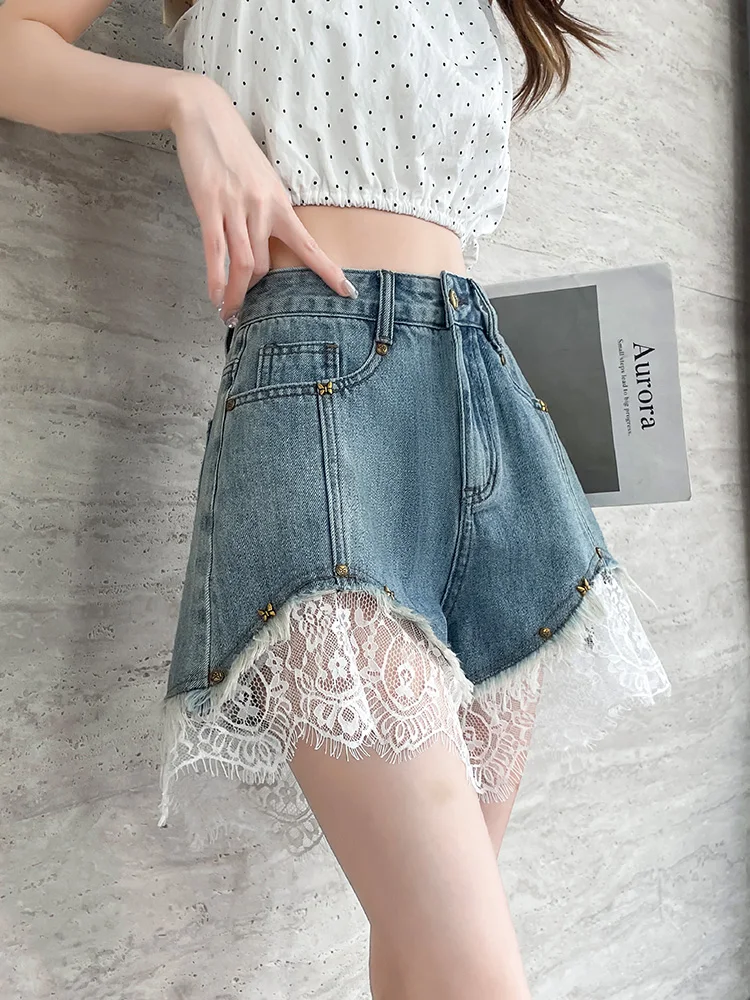 الكورية شيك الحلو الدانتيل تقليم رقيقة الجينز المرأة الصيف موضة عالية الخصر ألف خط شورت جينز الإناث ملابس الشارع الشهير بناطيل مثيرة
