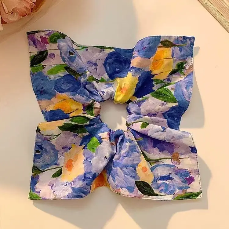 

Flowers And Hair Accessories Square Head Rope Oil Painting Smudged Floral Square Scarf Large Intestine Hair Circle Women