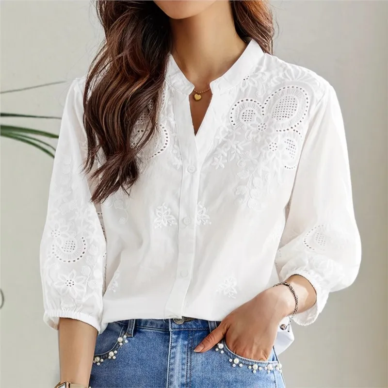 Tops Woman Chemisier Femmes Spring Summer Hollow Shirt Tops Women's V-neck Long-sleeved Solid Color Commuting Temperament Shirt