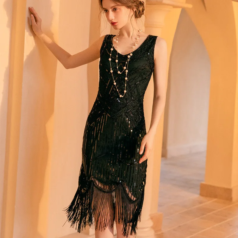 

Women's Party Dress Sequined Beaded Tassel Trim Sleeveless Slim Fitting Tassel Ballroom Dress Retro Tassel Important Occasions